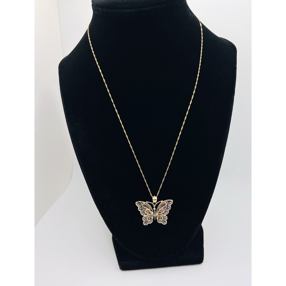 14k Yellow & White Gold Butterfly Necklace Pendant Marked ZRW 18in Long 2 Grams